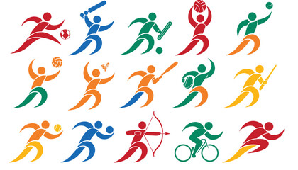 Fototapeta premium Premium hyper flat vector sports icon collection featuring 15 dynamic athlete characters in a unified abstract logo style. Smooth flowing curves, circular head, athletic motion silhouettes, 