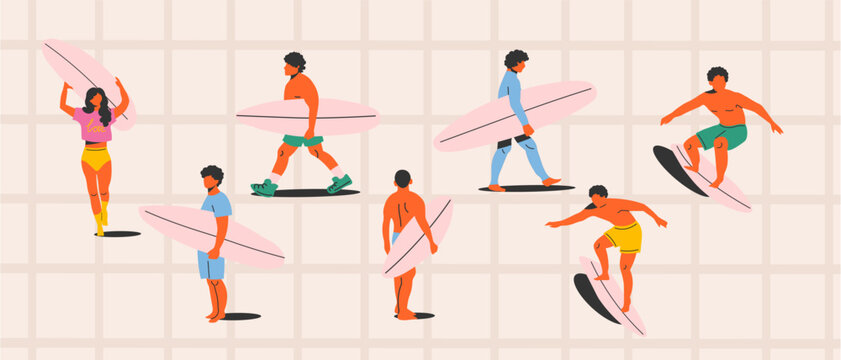 Beach surfers set of design elements, surfers collection
