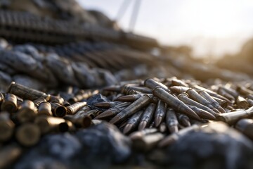 Obraz premium A close-up, low-angle view of a pile of rifle ammunition scattered on the ground amidst rocks and debris.