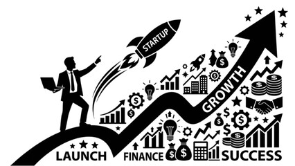 Fototapeta premium Startup Finance Concept – Black Silhouette Vector of Entrepreneur Launching Business with Growth Arrows and Success Symbols