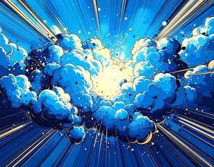 Obraz premium Vivid cartoon-style explosion with radiant bursts of light, fluffy clouds, and dynamic lines creating a sense of motion