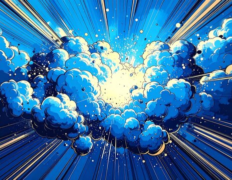 Vivid cartoon-style explosion with radiant bursts of light, fluffy clouds, and dynamic lines creating a sense of motion