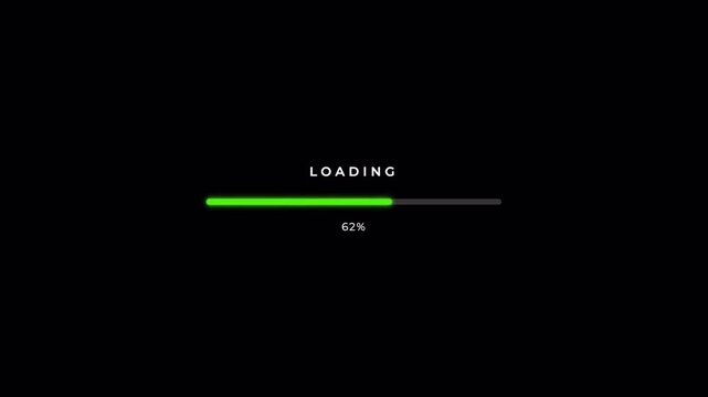 Digital loading bar with neon green progress and glitch distortion, futuristic cyberpunk system status screen 4k video