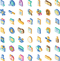 Obraz premium Isometric icon collection featuring symbols for business processes, technology, healthy living, financial operations, education, food, and home management