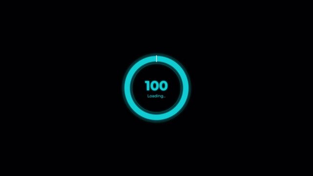 Digital system loading animation with neon circular glitch, futuristic cyberpunk progress bar on black background 4k video