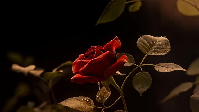 Timelapse of dewy red rose blooming with gentle sunlight and green leaves