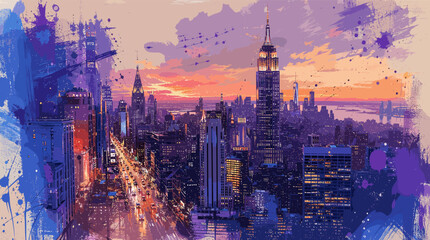 Vibrant watercolor splash painting of the New York City skyline at sunset, featuring the Empire State Building and illuminated streets. © blu