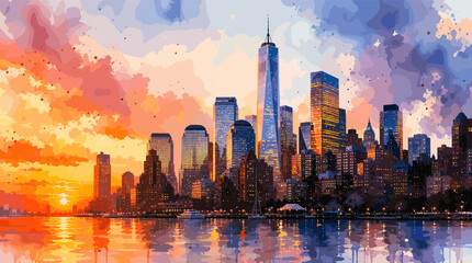Vibrant watercolor painting of the New York City skyline at sunset, with the One World Trade Center prominently featured. © blu
