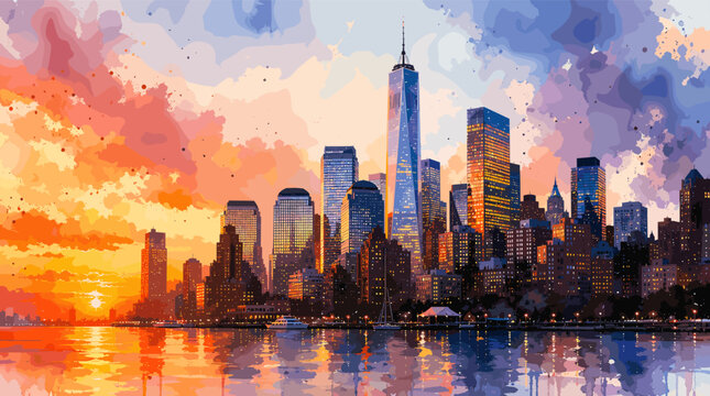Vibrant watercolor painting of the New York City skyline at sunset, with the One World Trade Center prominently featured.