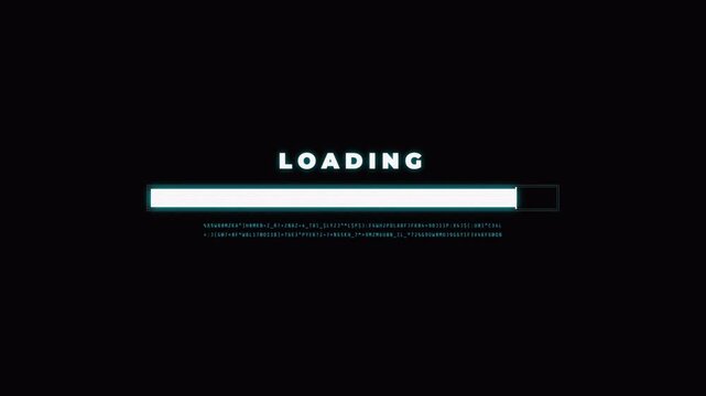 Cyberpunk loading screen with neon glitch effects and data strings, futuristic system progress animation 4k video