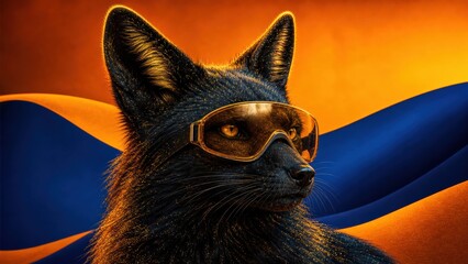 Naklejka premium Black fox wearing sunglasses poses in front of a colorful backdrop of orange and blue colors during a vibrant scene