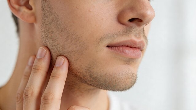 Close up portrait of a young man touching his face and chin, checking skin texture and beard growth, male grooming concept