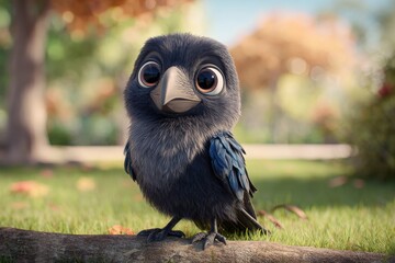 Obraz premium Adorable 3D cartoon raven mascot in a sunlit park with glossy feathers and a friendly smile