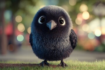 Obraz premium Cheerful raven character illustration with big eyes and a warm expression in a colorful outdoor scene