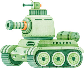 Obraz premium Watercolor illustration of a green military tank, isolated on transparent background.