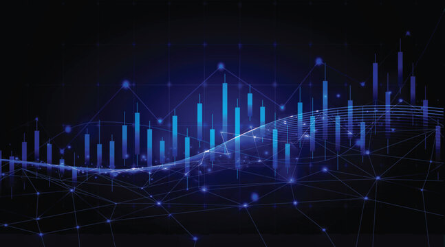 Futuristic financial stock market chart with glowing blue candlestick graphs, digital data visualization on dark background, abstract trading background