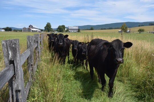 Brangus cattle grazing in sunlit pasture on a tranquil rural farm
