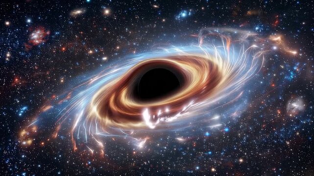 Cosmic swirling black hole surrounded by vibrant nebula and distant galaxies in deep space 4k video