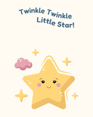 Fototapeta premium Cute poster for kids room with cartoon star and cloud. Collection of children's wall art in pastel colors with motivational quotes for kids room decor. Vector illustration in kawaii style.