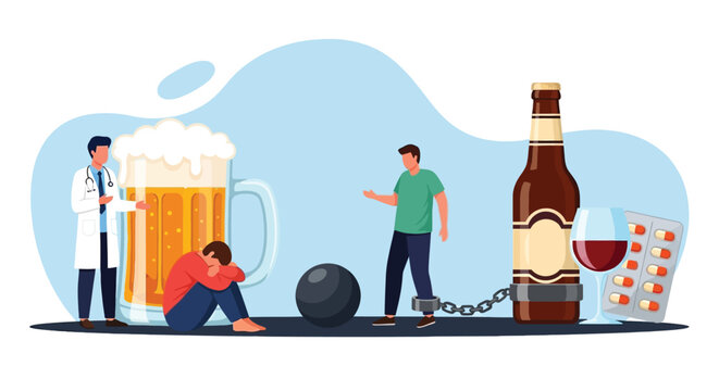 Alcohol addiction concept doctor comforting patient near giant beer mug chains and pills symbolizing dependence and recovery struggles with support from medical help.