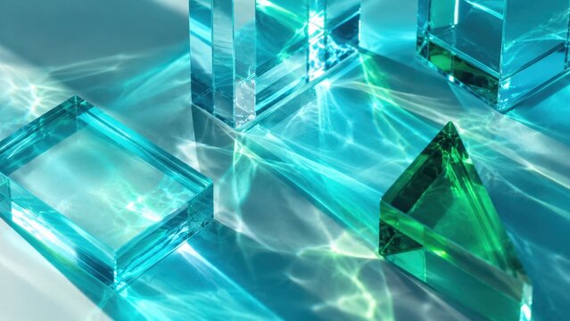 Objets en verre turquoise avec reflets caustiques lumineux