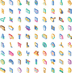 Obraz premium Collection of isometric vector icons representing diverse objects, services, and concepts from technology, health, finance, education, ecology, and commerce, ideal for branding and infographics