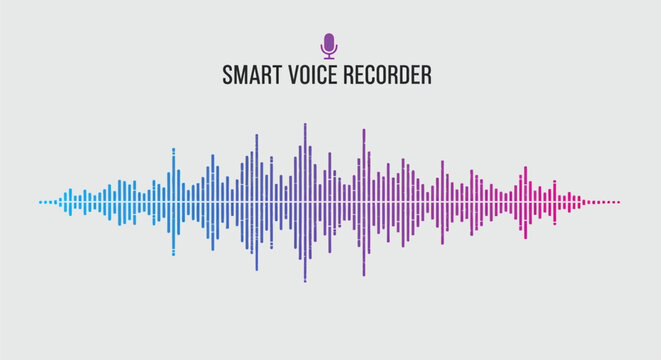Digital smart voice recorder concept with sound waves audio spectrum visualization isolated on light grey background for audio editing or podcasting software.
