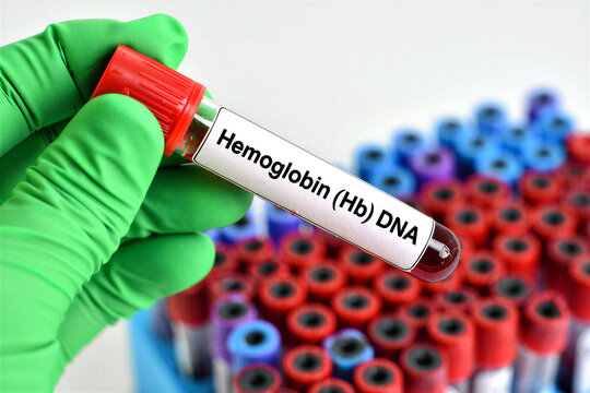 Closeup of a hemoglobin hb dna blood sample test tube held by gloved hand in laboratory setting