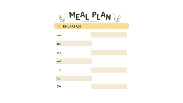 Weekly meal plan breakfast template animation. Animated blank infographic menu schedule vector.