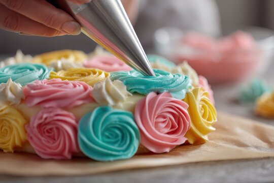 Cake decorating with a pastry bag and star tip creating decorative icing rosettes