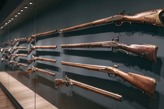 Collection of antique flintlock muskets and pistols displayed in a museum exhibit, showcasing historical weaponry.