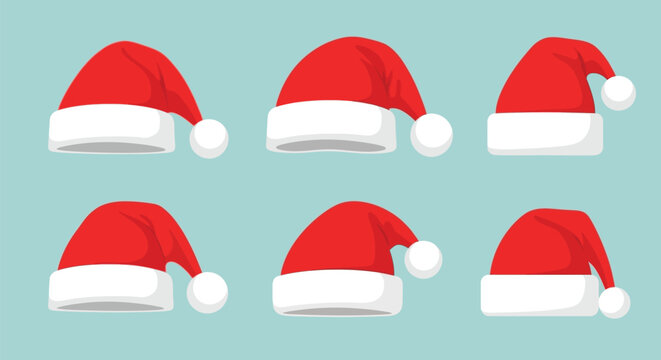 Set of six red santa claus hats with white fur trim and pom poms in various shapes for christmas holiday season celebration and festive winter design decor.