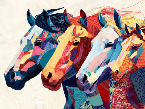 Colorful illustration of four horses' heads in vibrant patterns and textures, showcasing a variety of colors and artistic styles against a light background