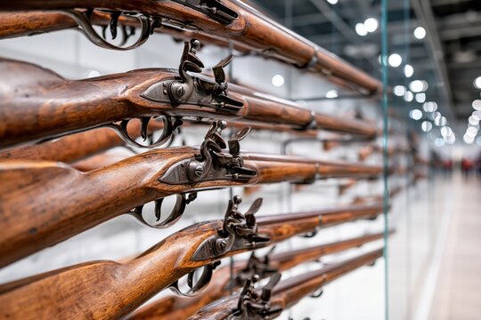 Collection of antique flintlock muskets displayed in a museum, showcasing historical weaponry and craftsmanship.