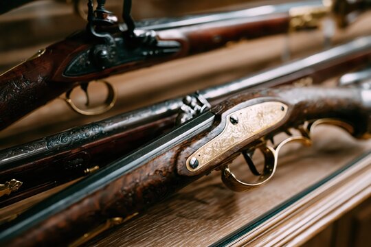 Close-up detail of antique flintlock pistols with ornate wooden stocks and brass accents.