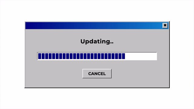 Retro computer system update progress bar animation with glitch effects, cyberpunk style loading screen interface 4k video