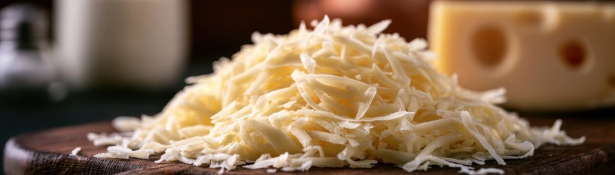 large heap of freshly grated yellow cheese resting on  rustic wooden cutting board in  kitchen