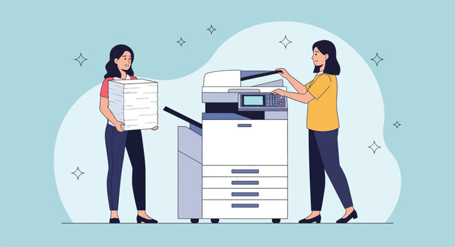 Two women operating a large office printer copier, one holding stack of paper, representing office work and document management.