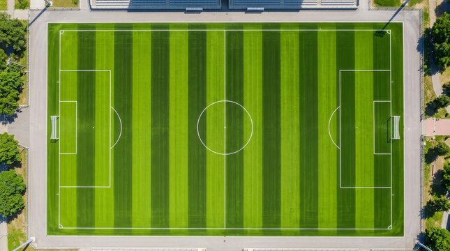 Top down perspective of professional soccer pitch showcasing lush green grass turf with clear white markings and boundary lines.