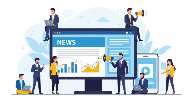 Group of business people engaged in news consumption and digital communication across various devices like desktop and mobile.