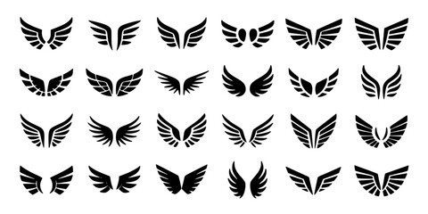 Obraz premium Wings in Various Stylized Designs and Patterns on a White Background Featuring Black, Vector, Graphic with Art and Symbols Elements for Icons