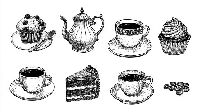 Hand drawn illustration set featuring coffee tea cupcakes and cake slices for cafe menu design