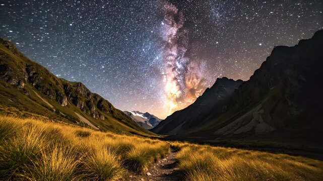 A majestic valley under a starry night sky, with a dirt path
