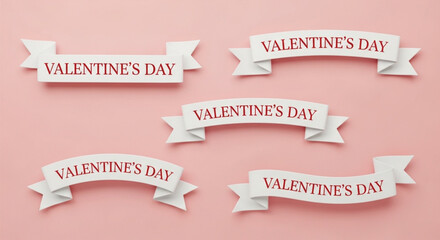 Set of five elegant valentine's day ribbons for romantic greetings and decorative elements on a soft pink background. © DHS