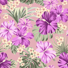 Vector seamless pattern Exotic wallpaper of tropical flowers green leaves of palm trees and flowers bird of paradis, hibiscus pink bright, artwork for fabrics, souvenirs, packaging, greeting cards © Aglaia