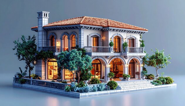 Two-story Mediterranean villa with arched windows, red tile roof, lush greenery, on a cobblestone platform