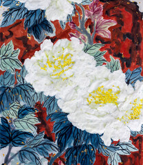 Traditional Chinese Heavy Color Painting of White Peony Flowers on Rock with Gold Flecks, Oriental Luxury Floral Art Vertical Background © Jiqin