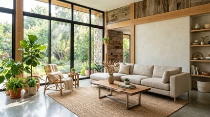 Naklejka premium Modern Living Room with Large Windows, Plants, and Natural Wood Accents