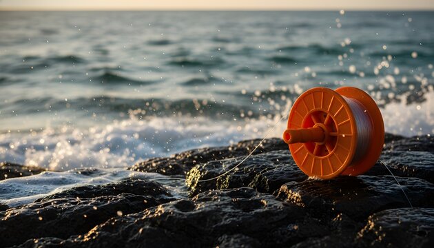 Traditional orange plastic handline fishing reel resting on wet coastal rocks as ocean waves splash in the warm sunset light, depicting an active lifestyle concept