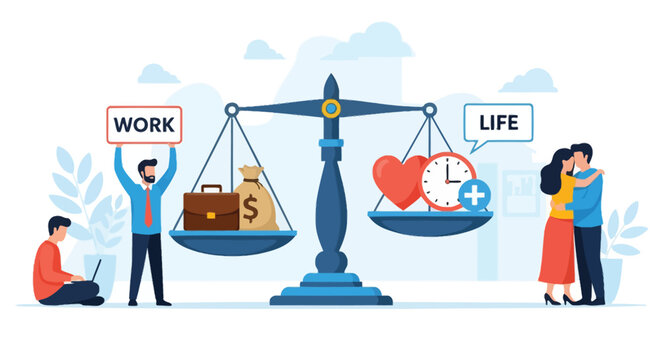 Conceptual balance scale comparing work with life symbols including briefcase money heart and clock on light background illustrating career personal harmony.